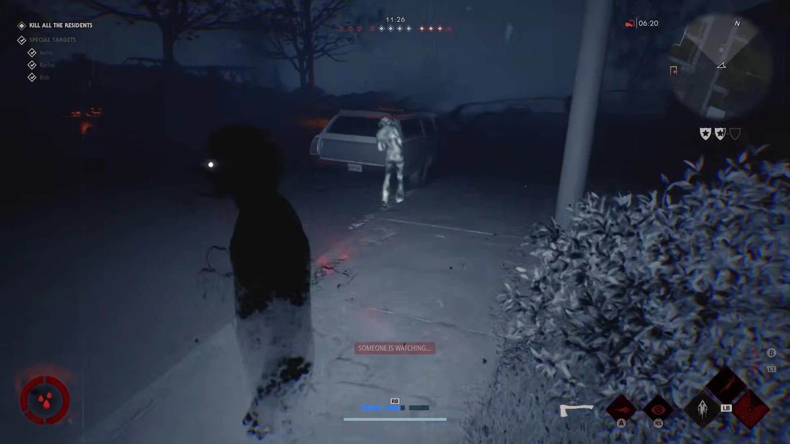 Michael crouched near bushes watching a survivor beside a parked car during the kill all residents objective