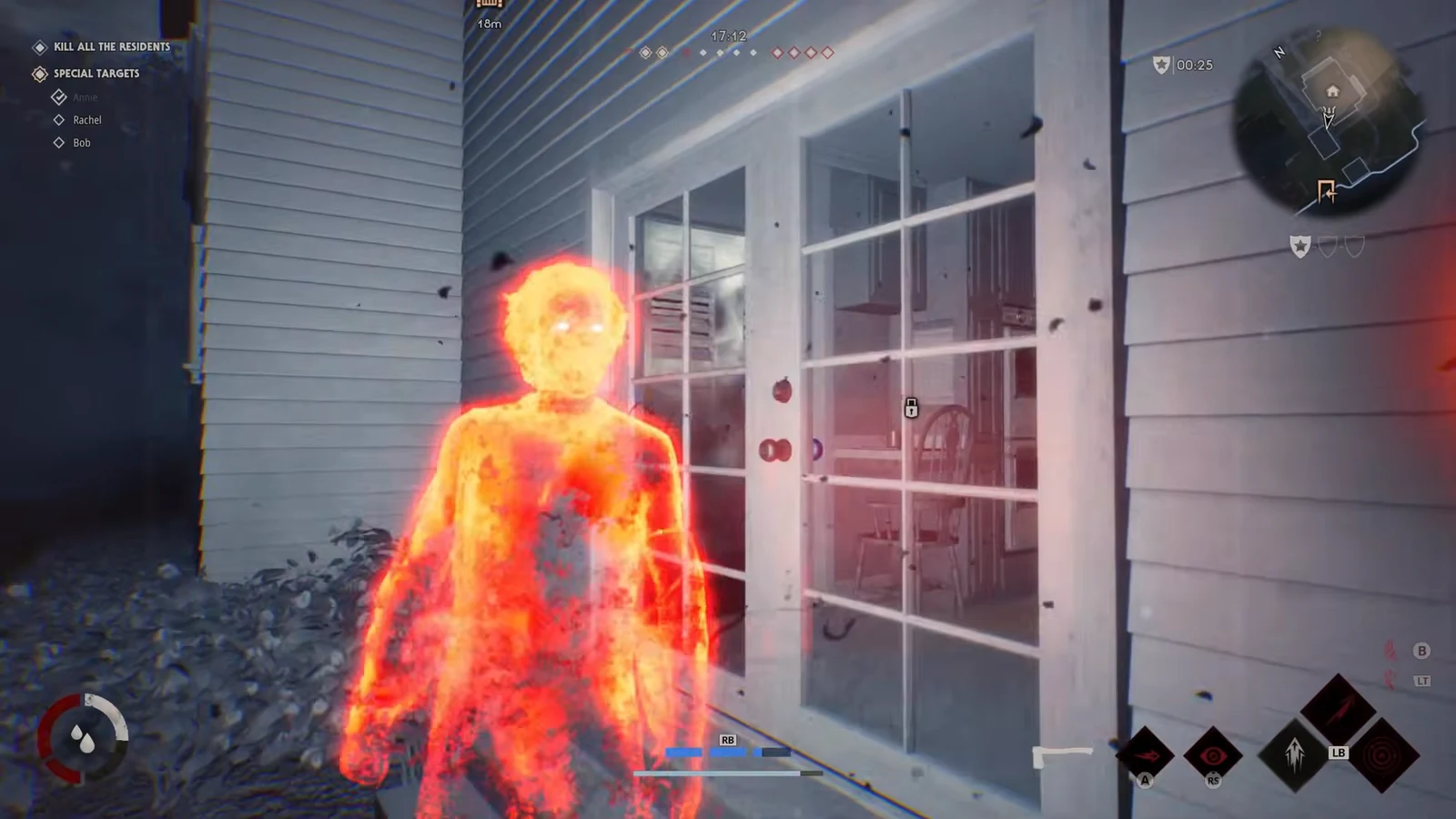 Objective panel showing Kill All the Residents and special targets while Michael attacks a resident at a glass door