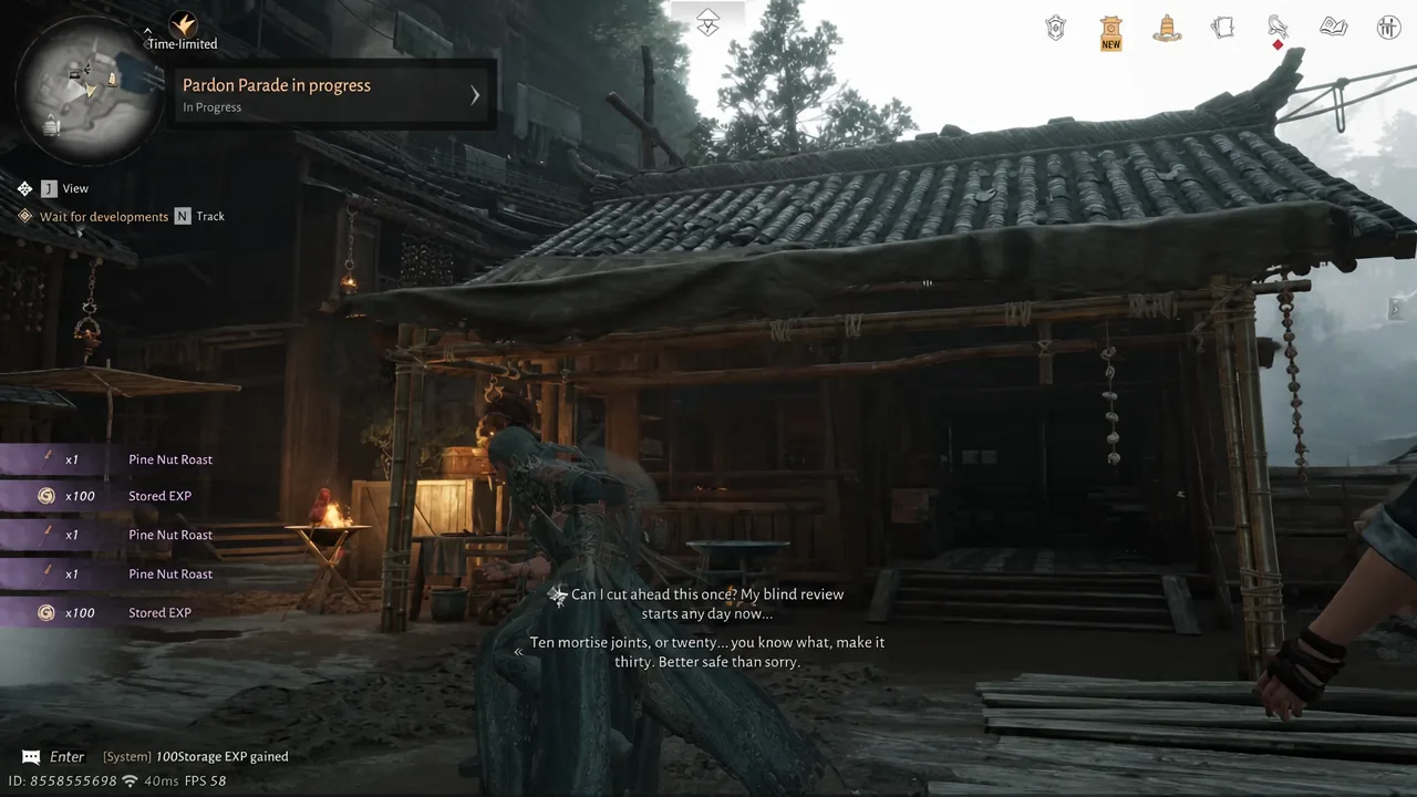 Flying Squirrels gathering on the player character beside a roasting table in Hangrock Hamlet