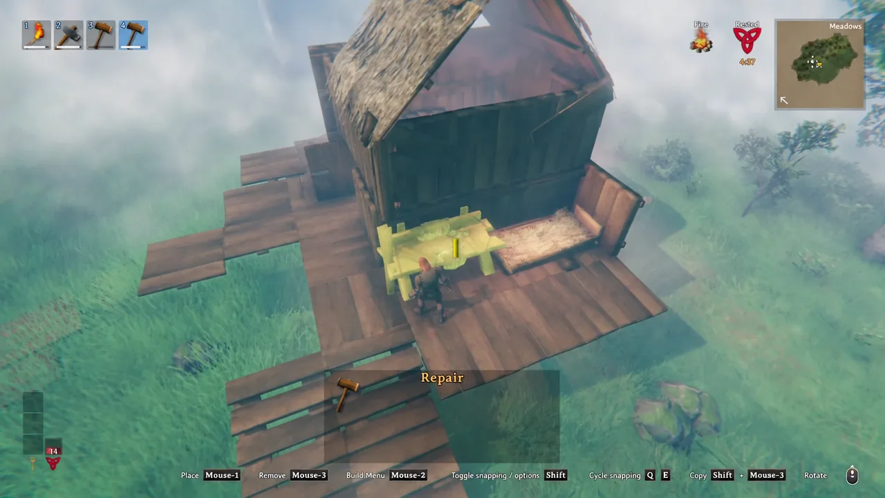 Valheim workbench on an open deck showing the yellow crafting station roof prompt