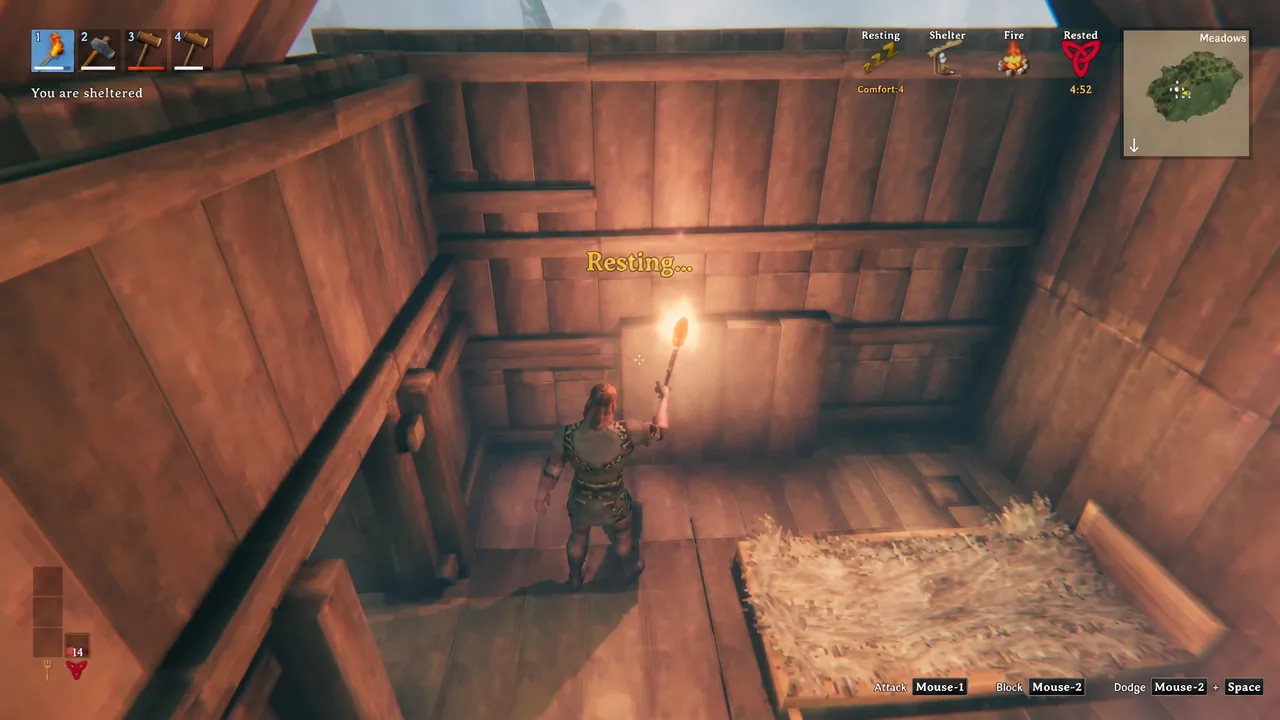Valheim character resting beside a bed inside a covered shelter with the Resting status showing