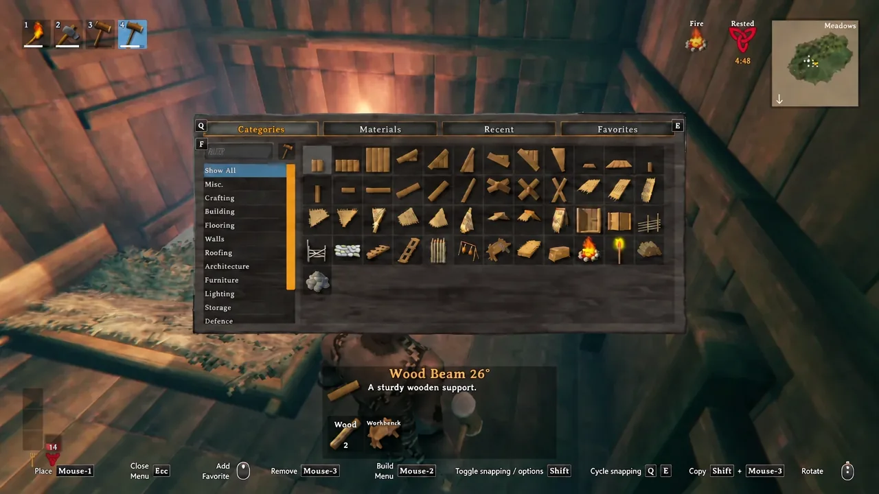 Valheim Build menu Categories tab with Wood Beam 26° highlighted before placement
