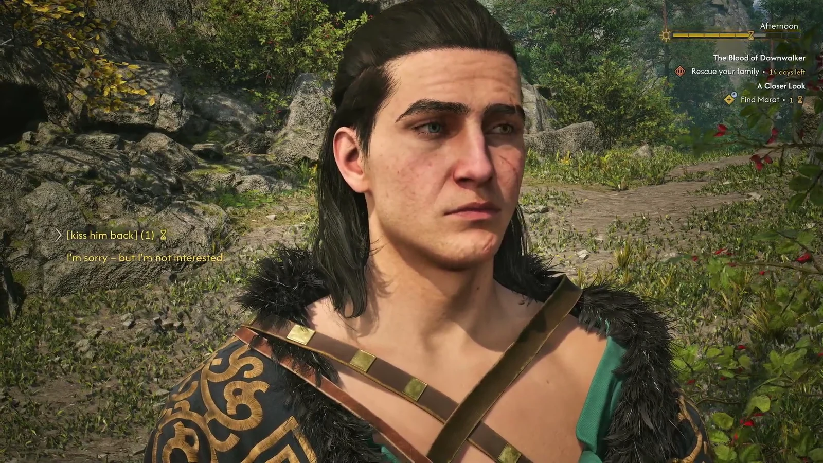 Dialogue wheel with the heart-marked kiss him back option highlighted opposite Crake