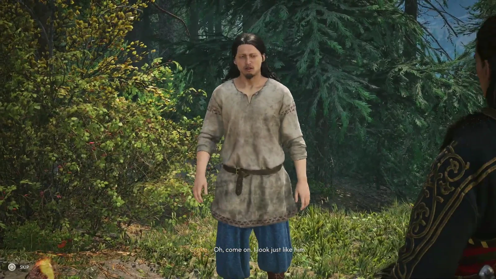 Crake speaking to Coen in the forest before he ends the conversation and walks away