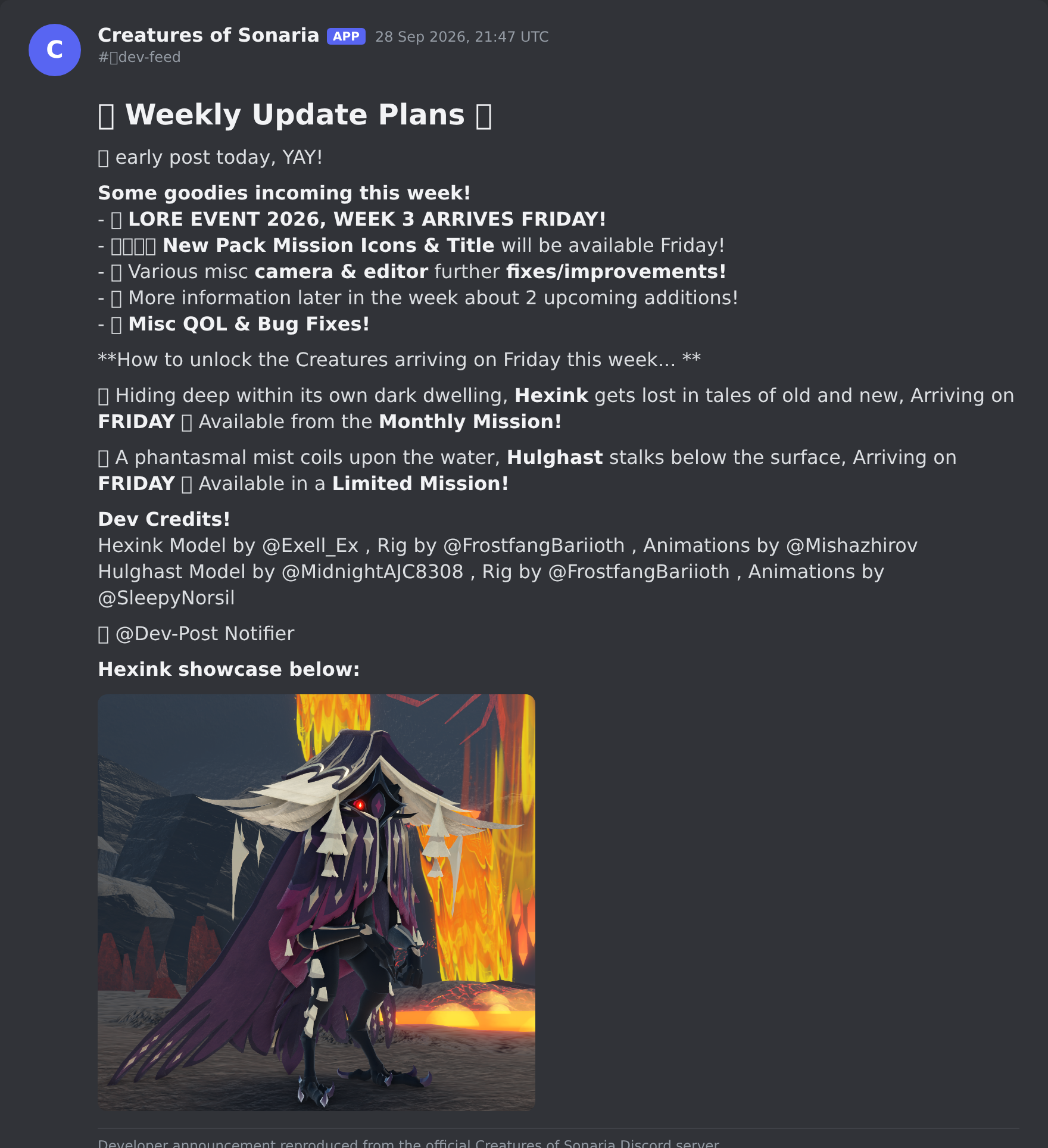 The Creatures of Sonaria update post in the game's Discord server