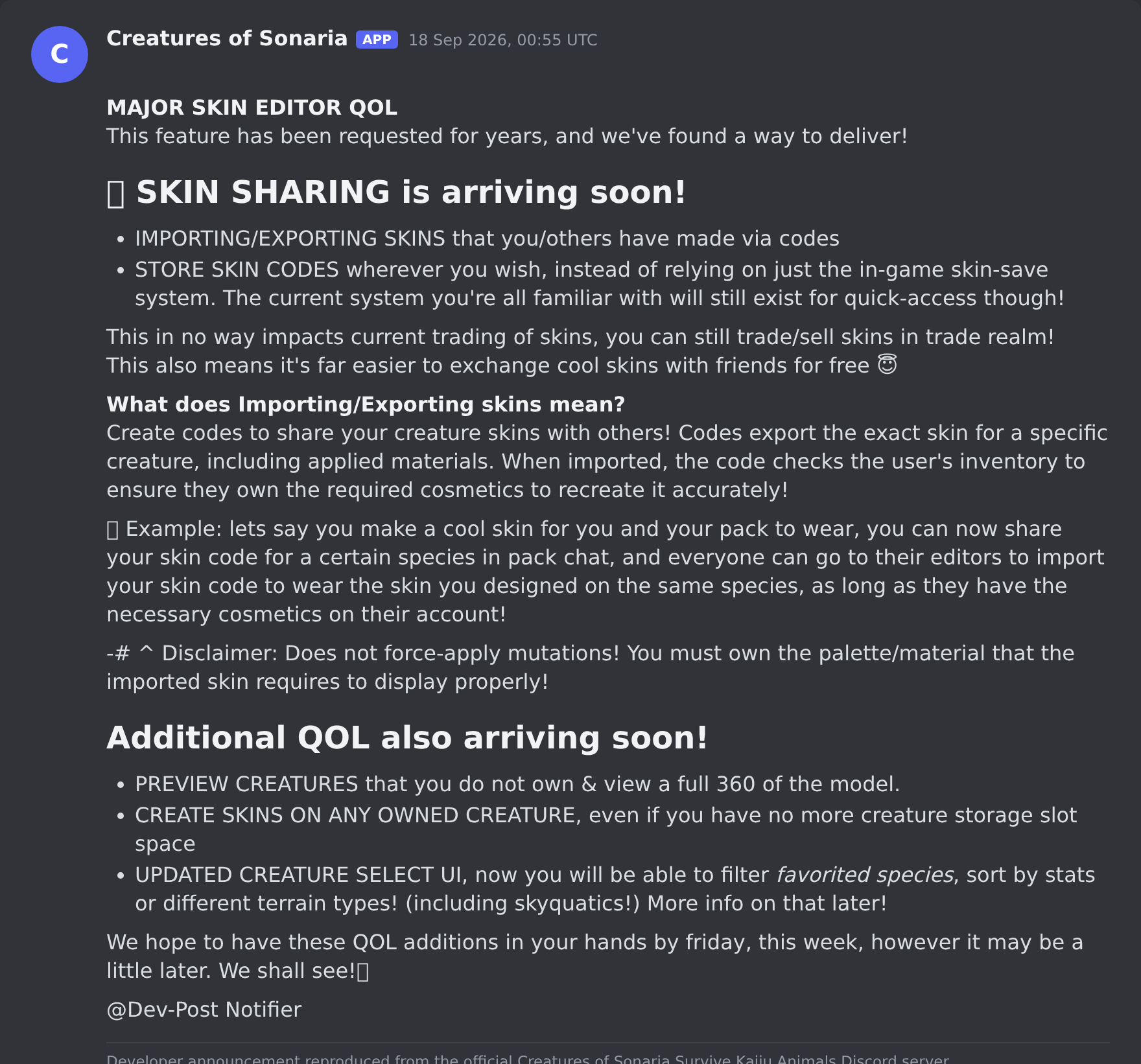 The Creatures of Sonaria update post in the game's Discord server