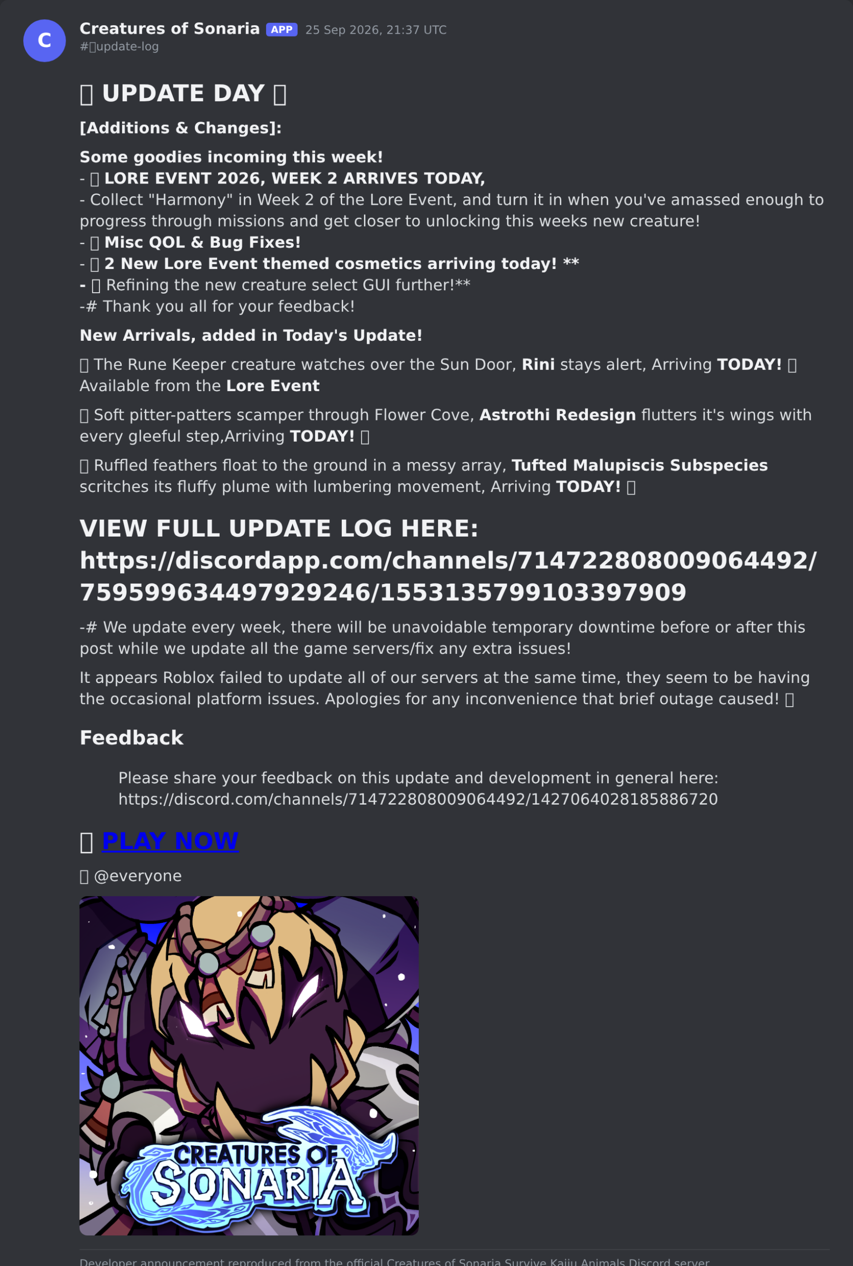 The Creatures of Sonaria Survive Kaiju Animals update post in the game's Discord server