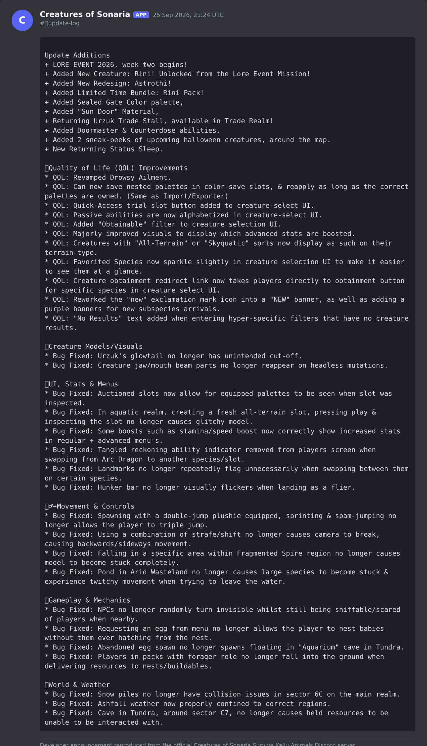 The Creatures of Sonaria Survive Kaiju Animals update post in the game's Discord server