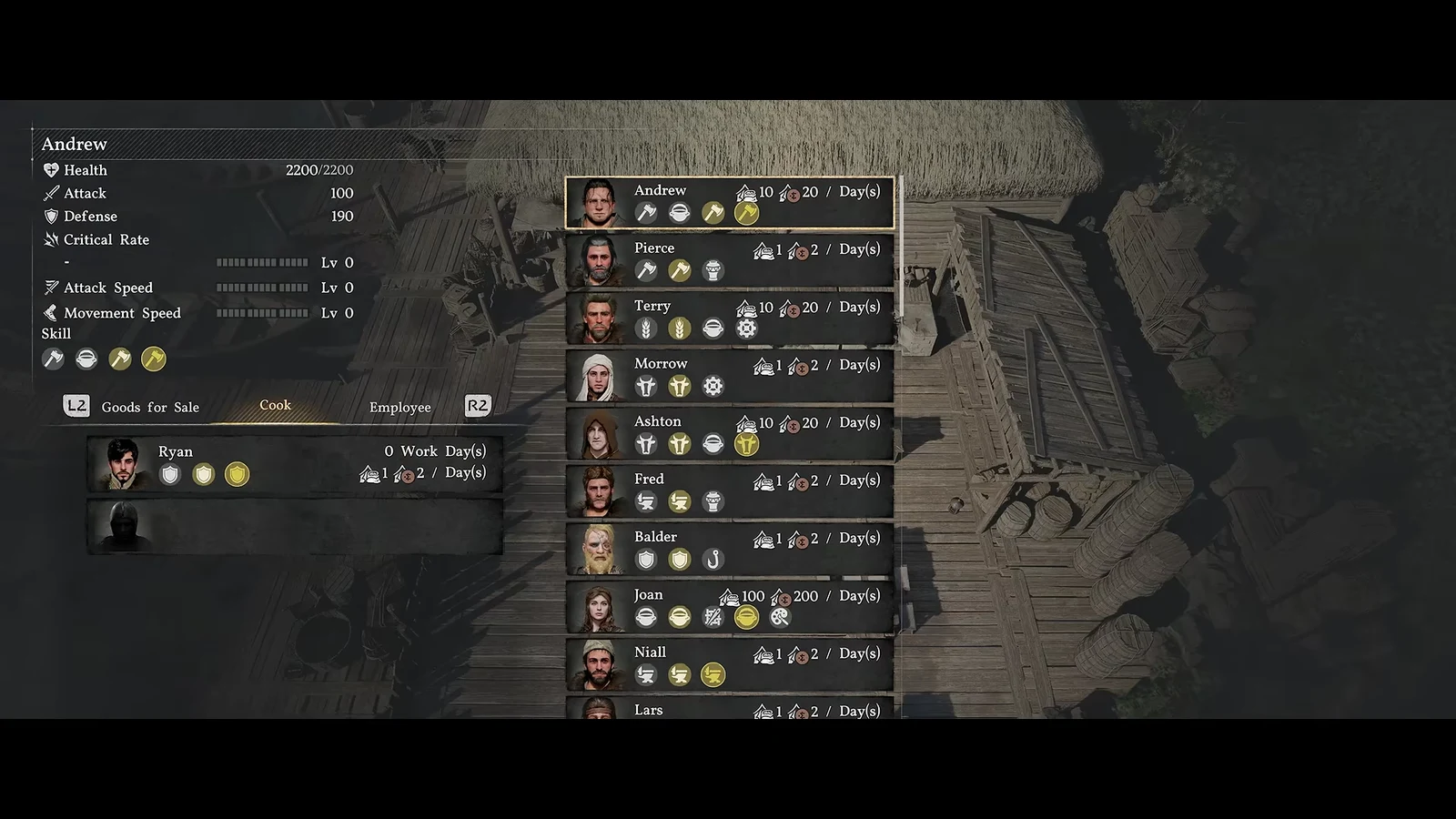 Employee management screen showing the Cook tab with a worker's skills and assignment