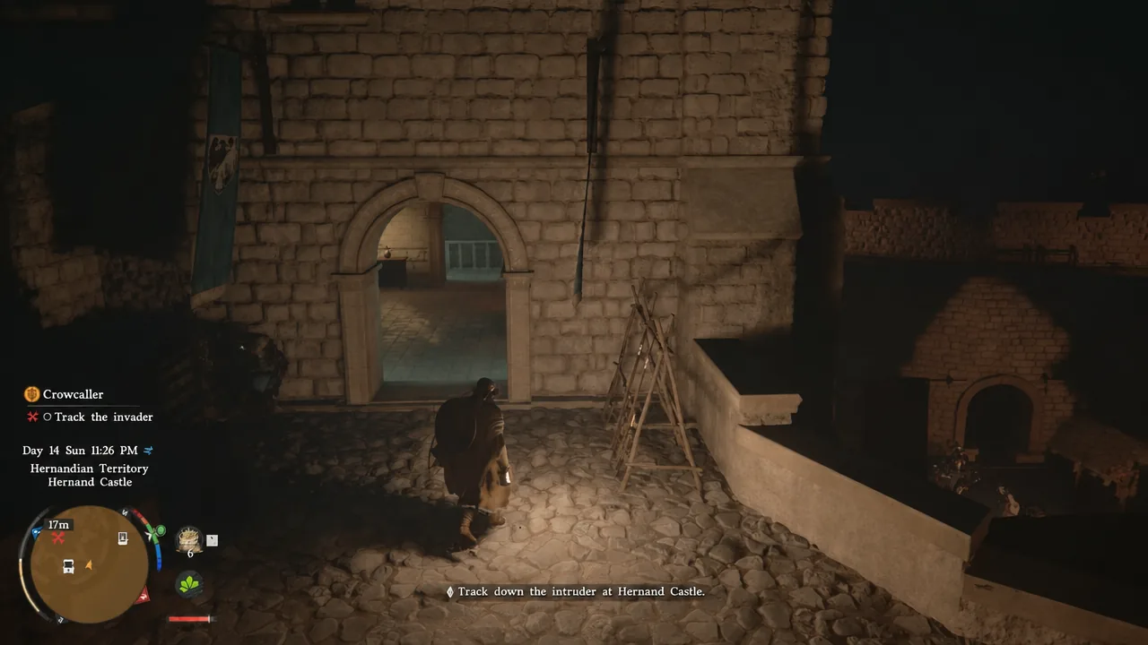Hernand Castle doorway with the track down the intruder objective shown on the HUD