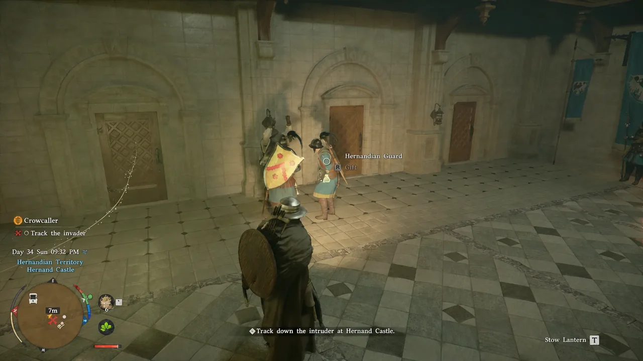 A Hernandian Guard in the castle anteroom with an interaction prompt on screen