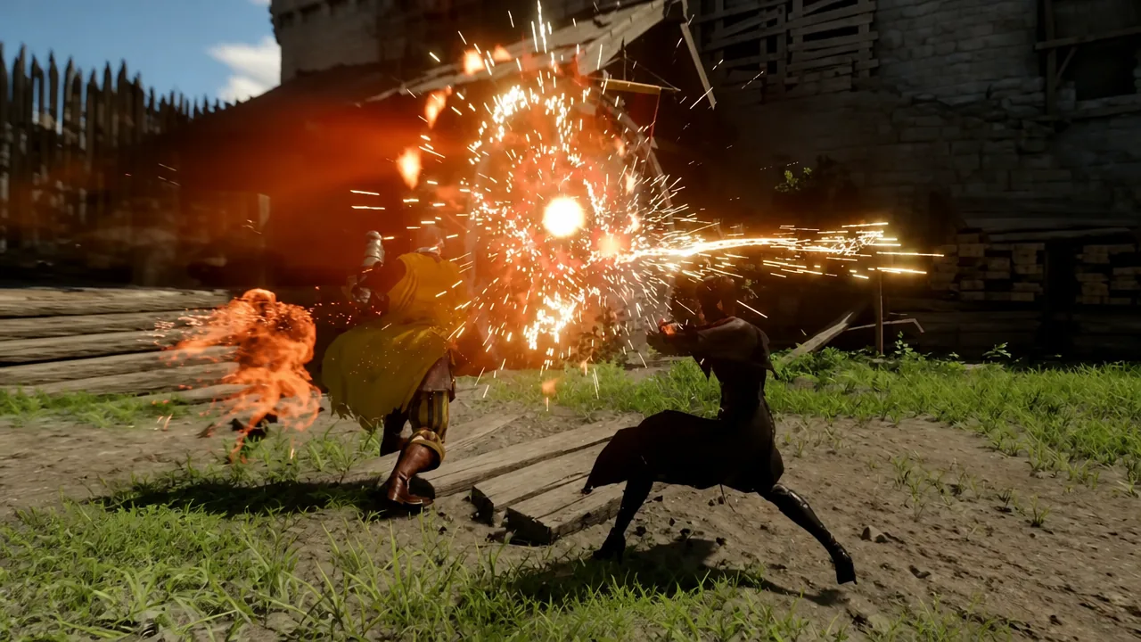 Land combat with fire and explosive magic erupting around the player character