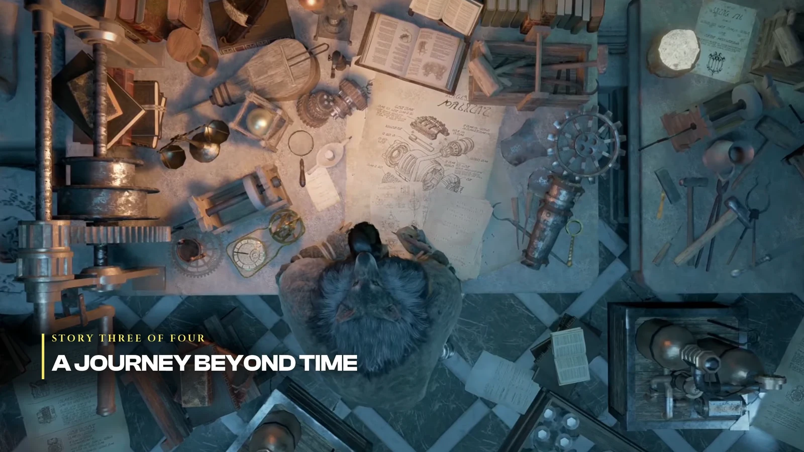 A character studying blueprints at a workbench during the A Journey Beyond Time story thread