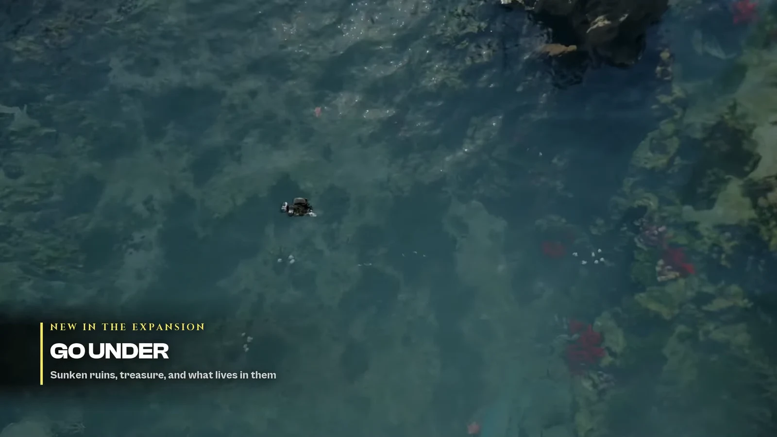 A diver in a heavy suit exploring sunken ruins underwater as a large shark passes by