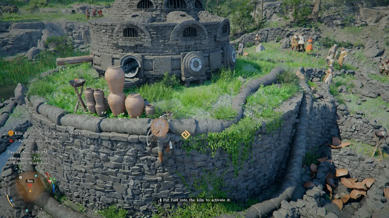 Quest tracker showing the Kiln Repair objective telling the player to put fuel into the kiln to activate it