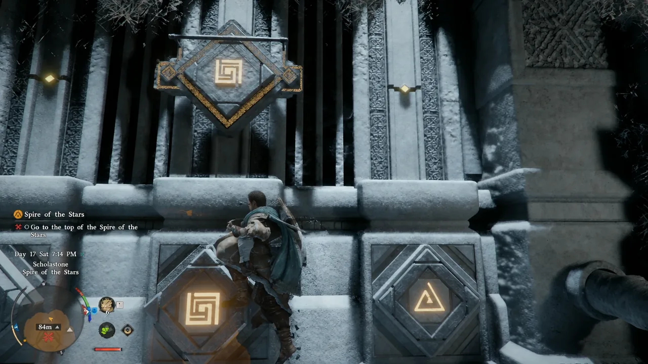 Character climbing between glowing symbol panels on the spire's puzzle wall