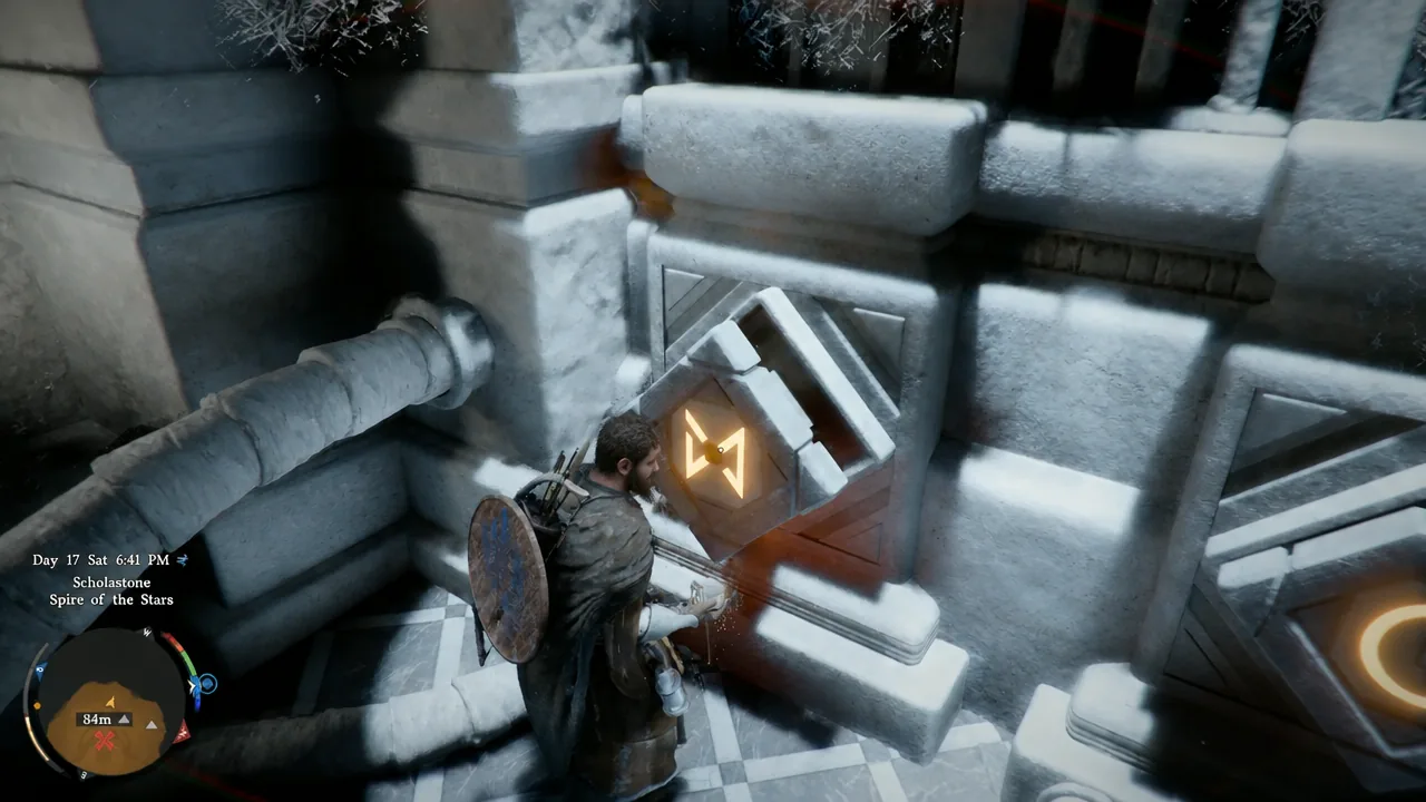 Player using Force Palm on a glowing rune device set into the side room wall