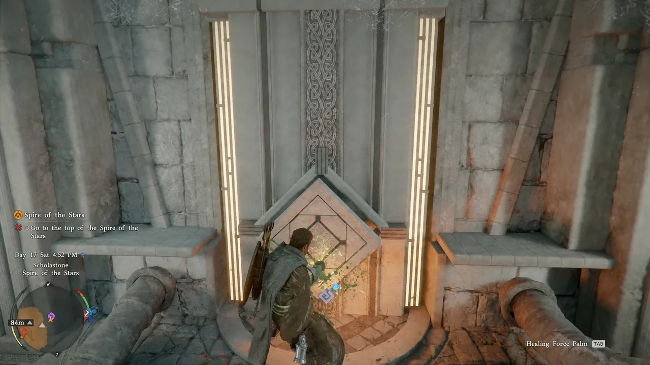 Character activating a second glowing wall mechanism inside the Spire of the Stars