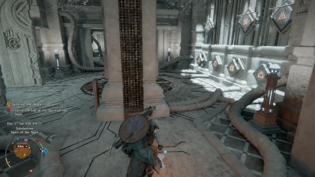 Objective tracker reading Go to the top of the Spire of the Stars as the character moves through the tower interior