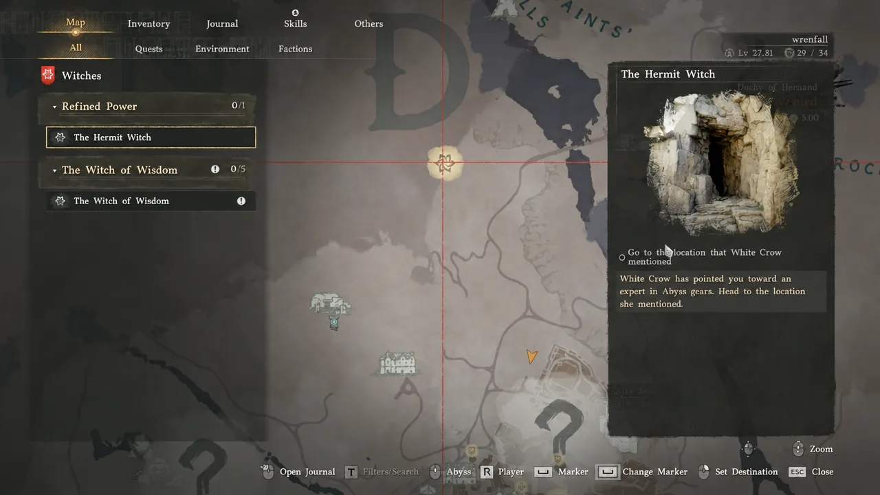 Map screen quest log showing The Hermit Witch entry alongside The Witch of Wisdom objective