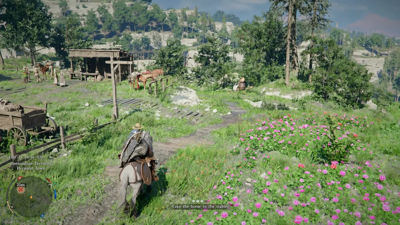 Kliff riding the tamed horse along the road toward the stable waypoint