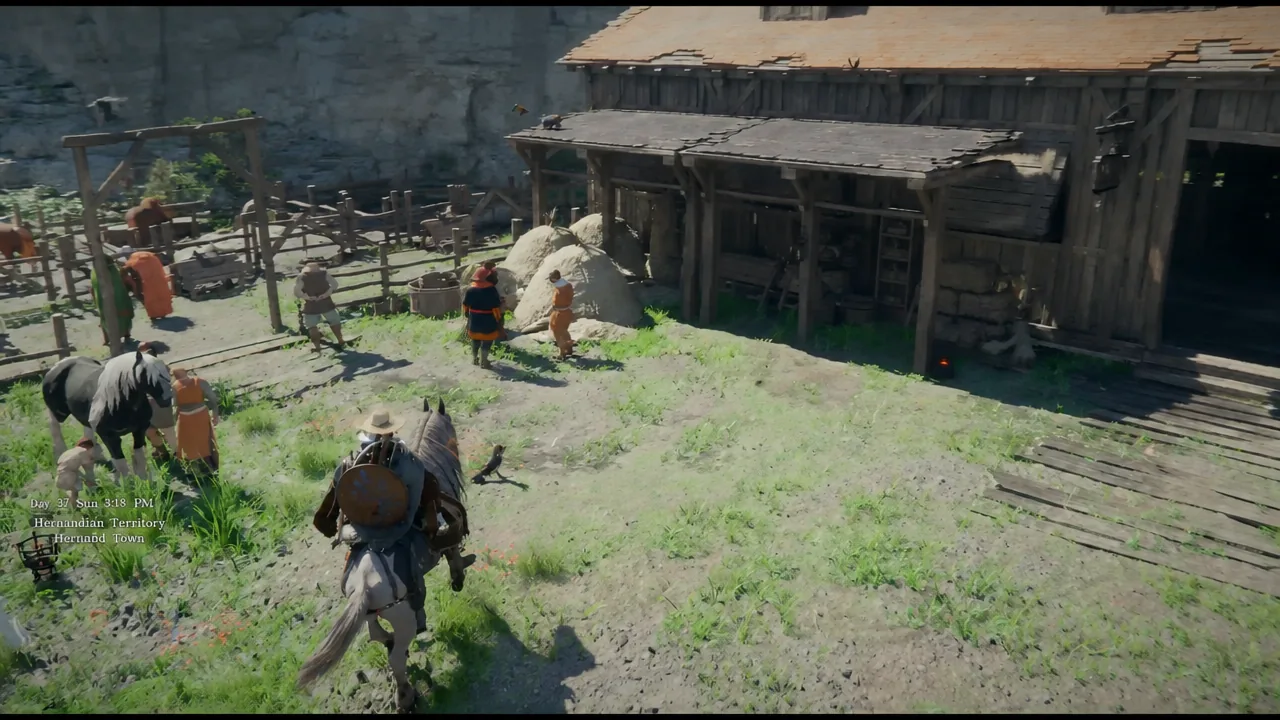 Rider on horseback arriving at the wooden stable building in Hernand Town