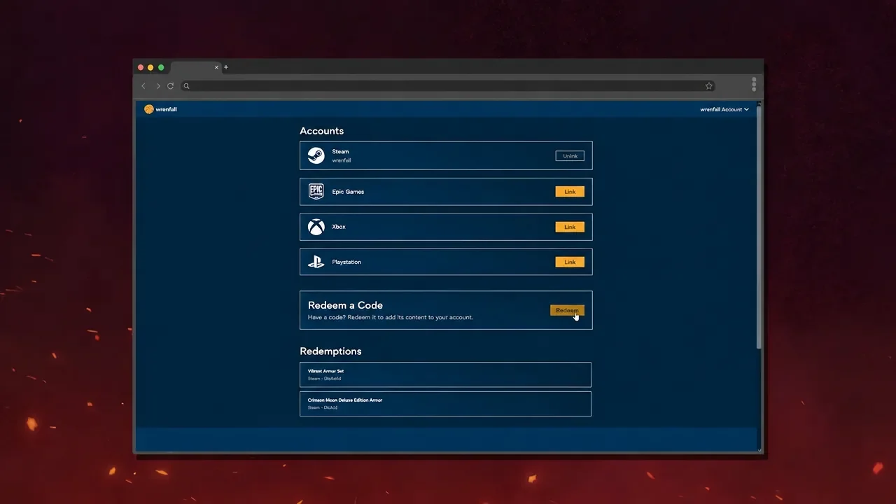 The ProbablyMonsters account dashboard with the Redeem button next to the Redeem a Code row