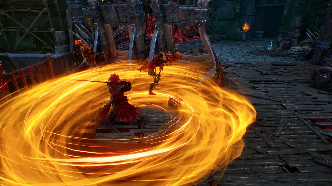 Red-armored Nephilim mid-swing in a wide fiery spinning attack against an enemy