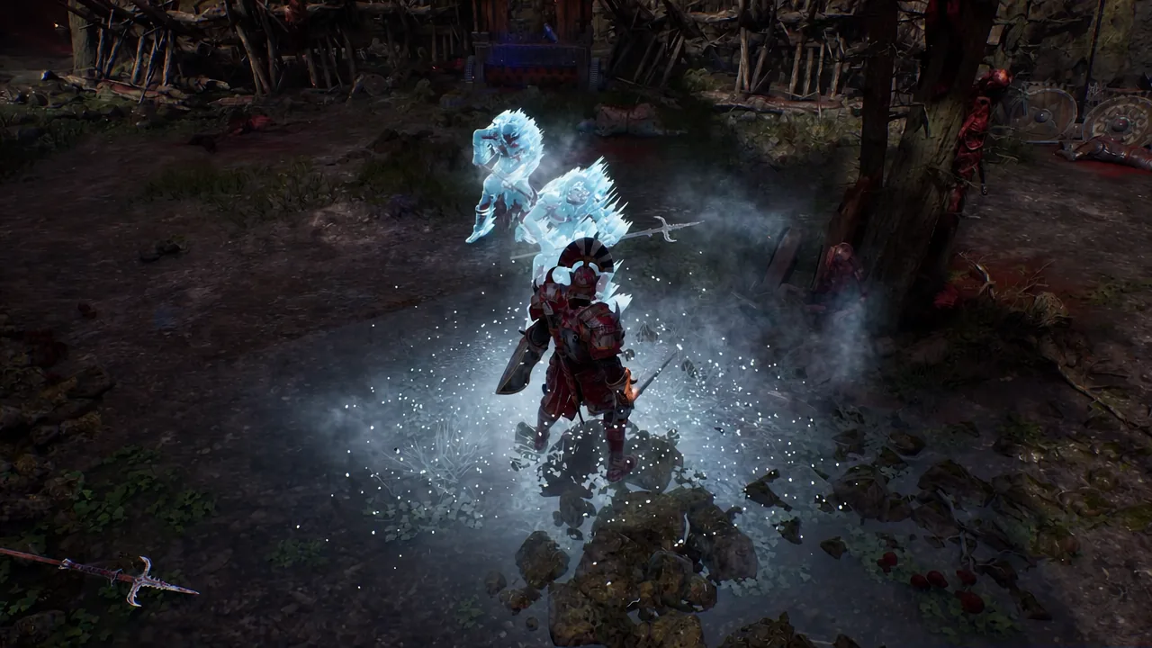 Armored Nephilim fighting icy spectral enemies inside a freezing area-of-effect burst