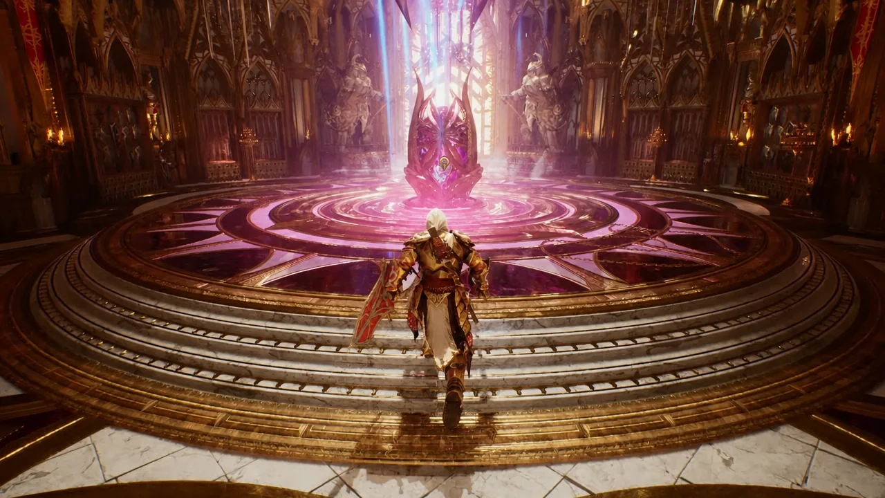 Player approaching the glowing loadout shrine on a raised circular platform in Sanctus Clypeus