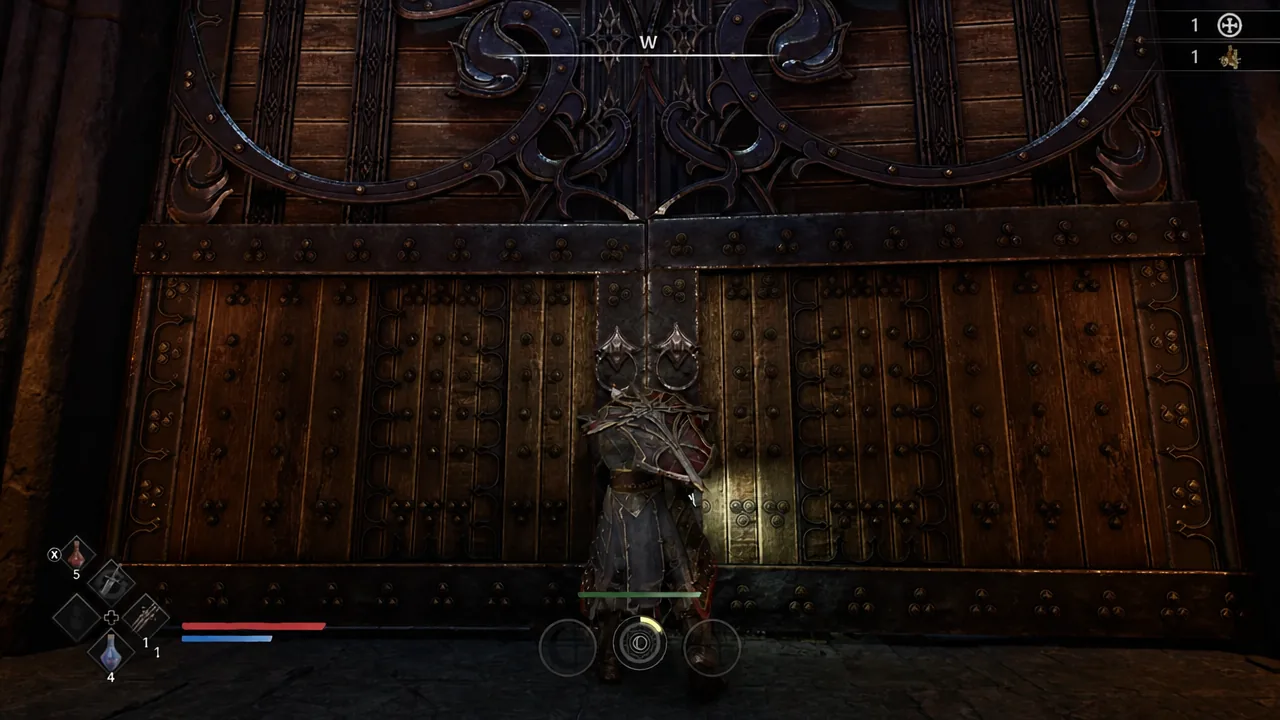 Crimson Moon player character standing in front of a large ornate double door, ready to open it