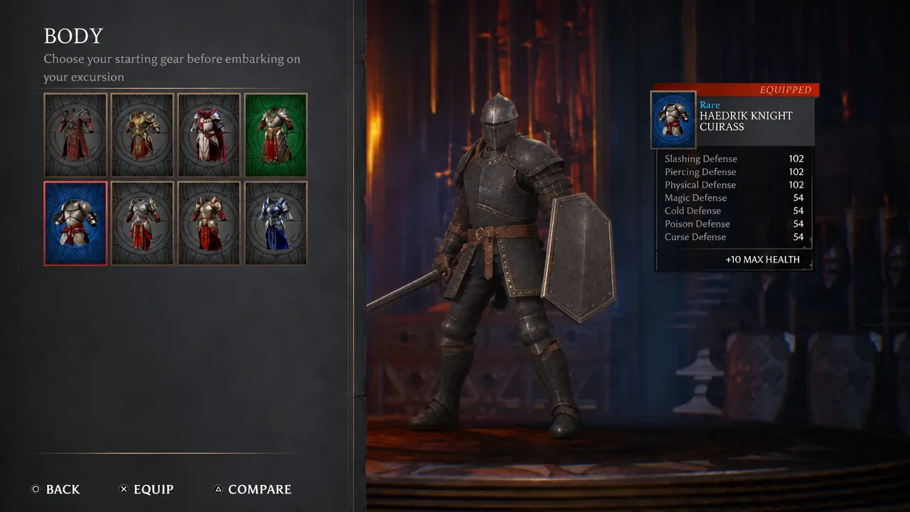 Body armor selection menu in Crimson Moon with the Haedrik Knight Cuirass highlighted