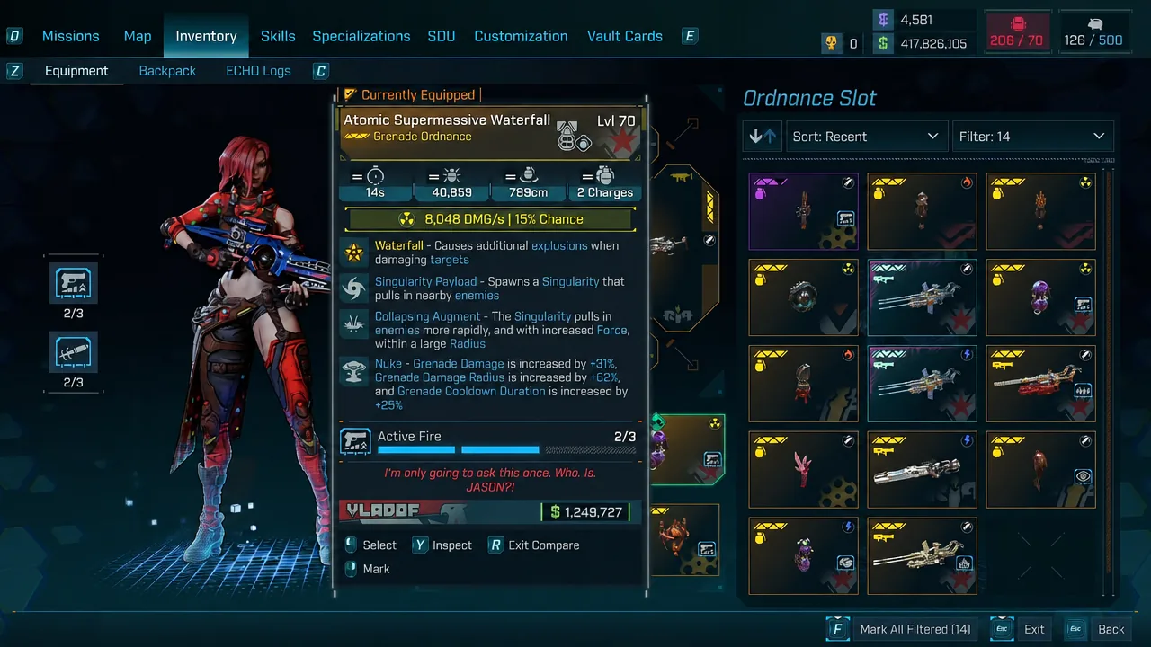 Ordnance slot open with the Atomic Supermassive Waterfall grenade selected for comparison