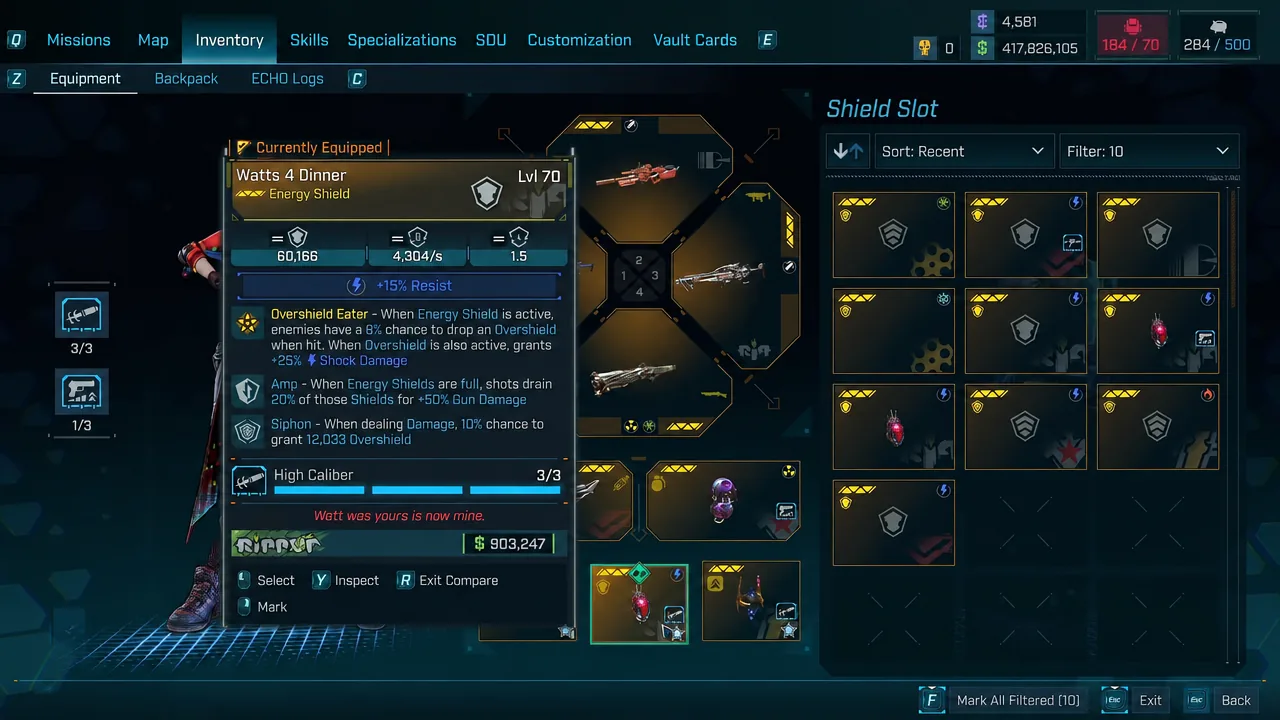 Equipment menu showing the Watts 4 Dinner energy shield equipped in the shield slot