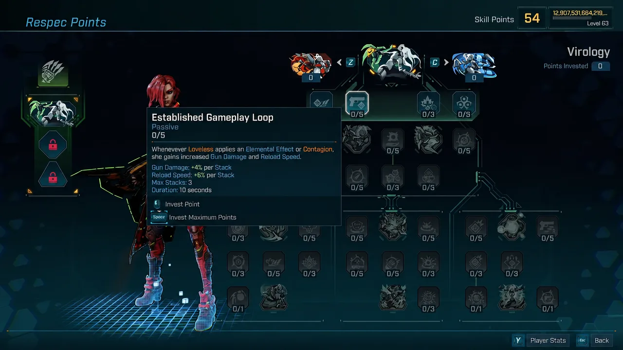 Respec screen with the Established Gameplay Loop skill tooltip open in the Virology tree