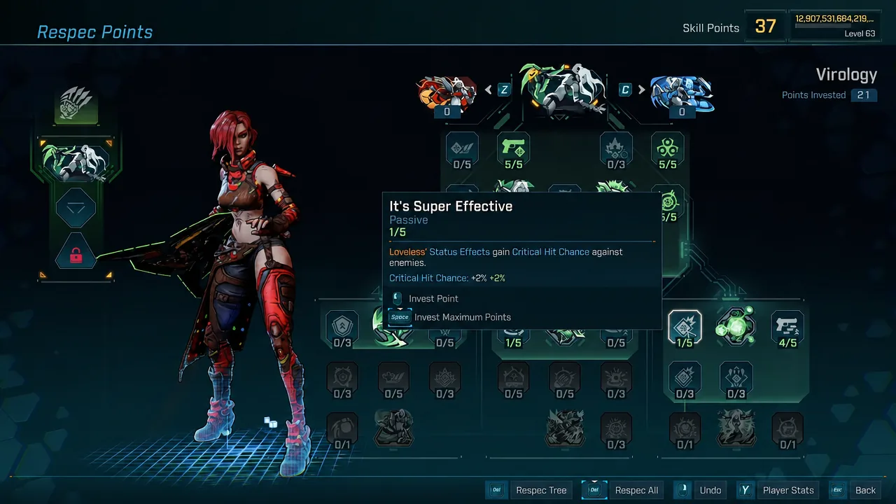 It's Super Effective passive highlighted on the Respec Points screen with its invest options showing