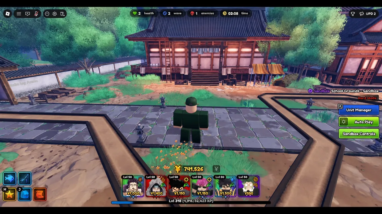 School Grounds Sandbox map with the Unit Manager button on screen during a placement test
