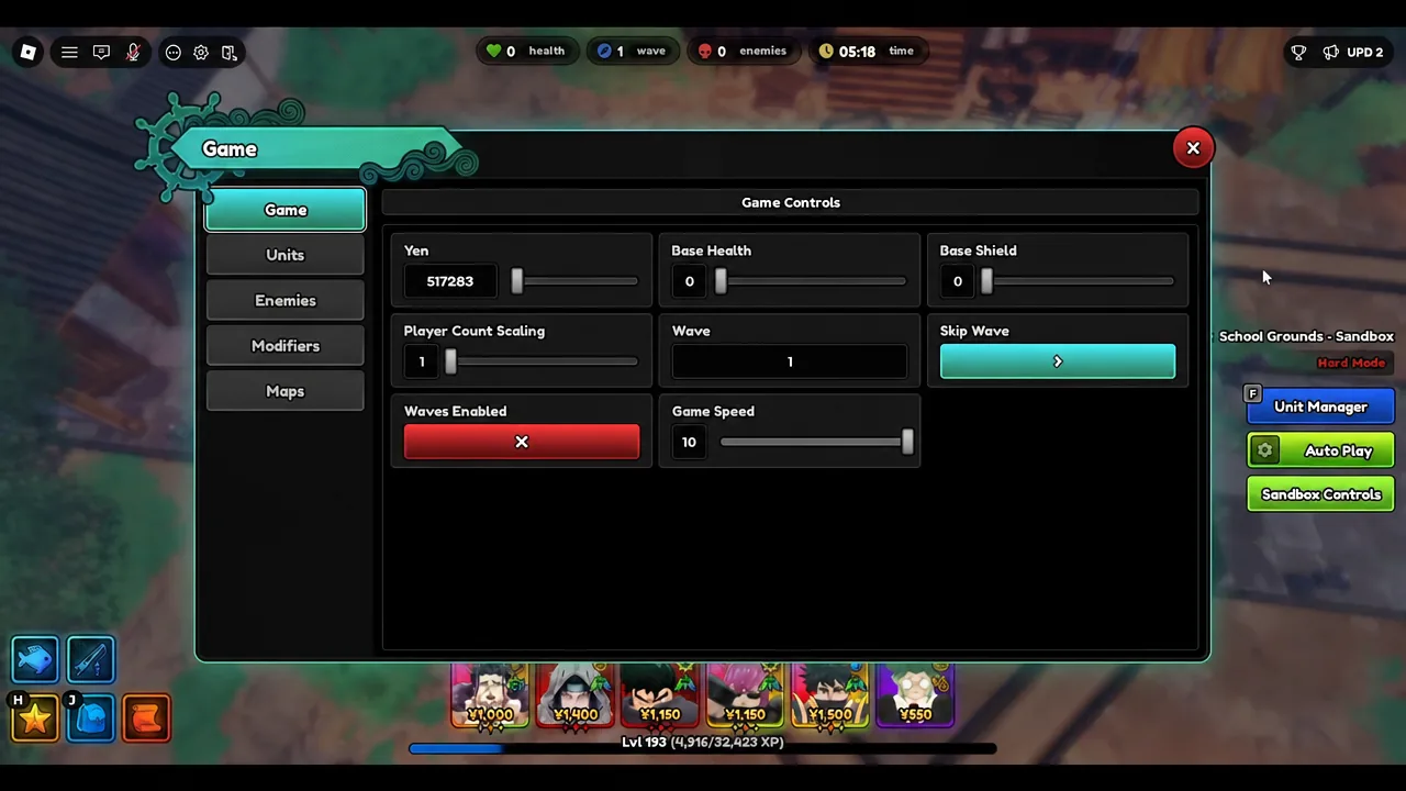 Game Controls menu open on the Game tab, used to change the sandbox game speed