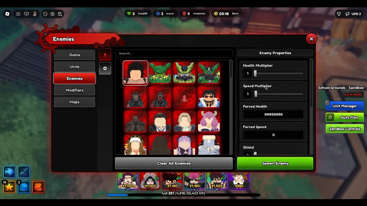 Enemies menu with the first enemy portrait selected and its Enemy Properties open before spawning
