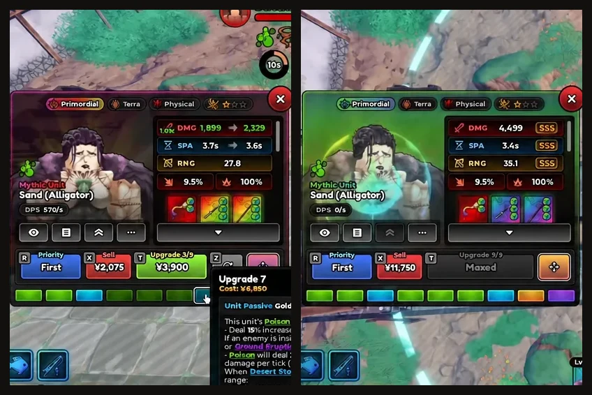 Side-by-side Unit Manager screens showing an early Sand (Alligator) upgrade tooltip next to the fully maxed unit