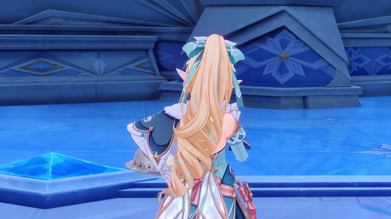Player character standing inside an ornate blue chamber of the Snezhnayan palace
