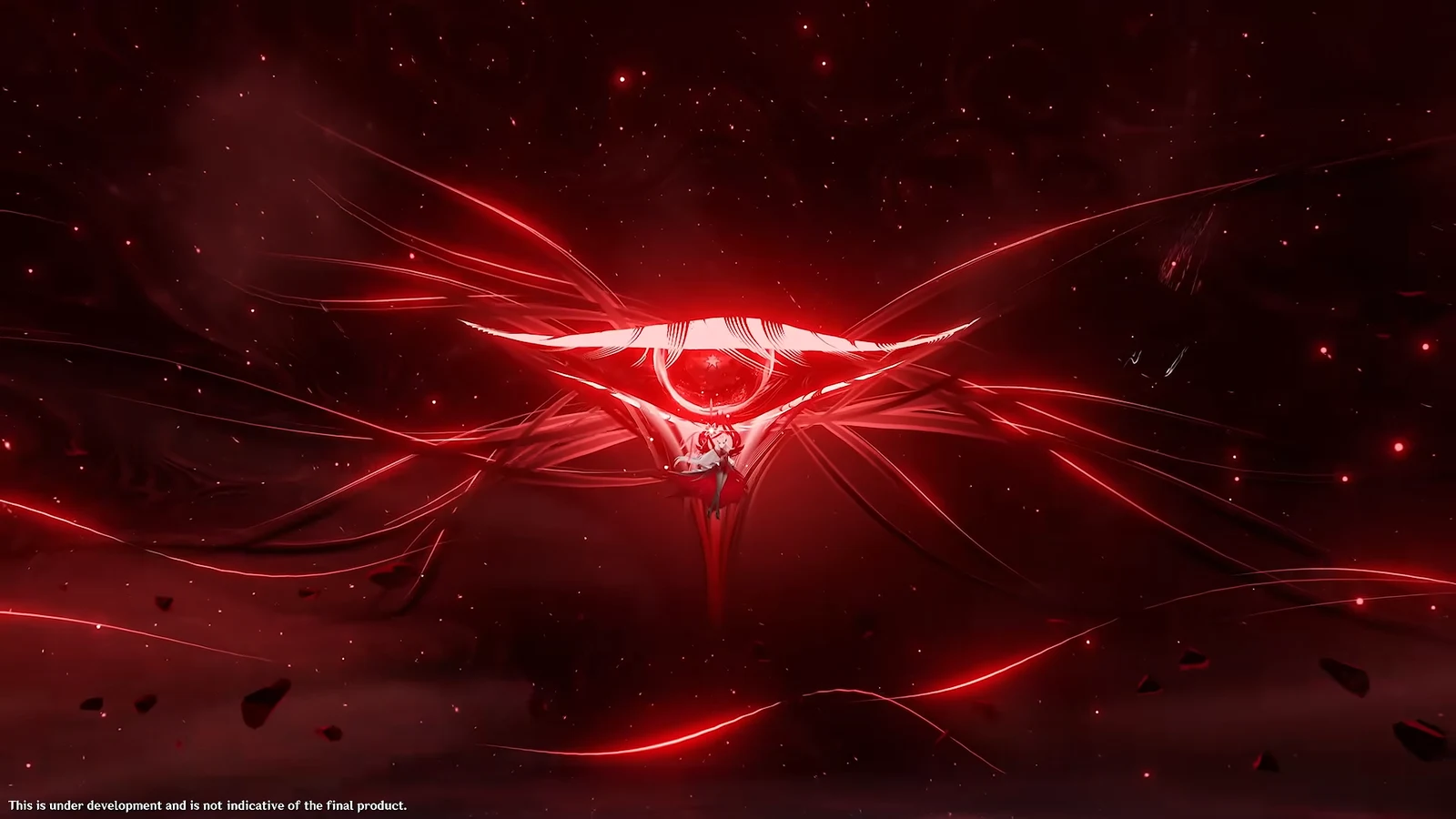 Boss fight against Roneva showing red-winged area attacks and a domain field