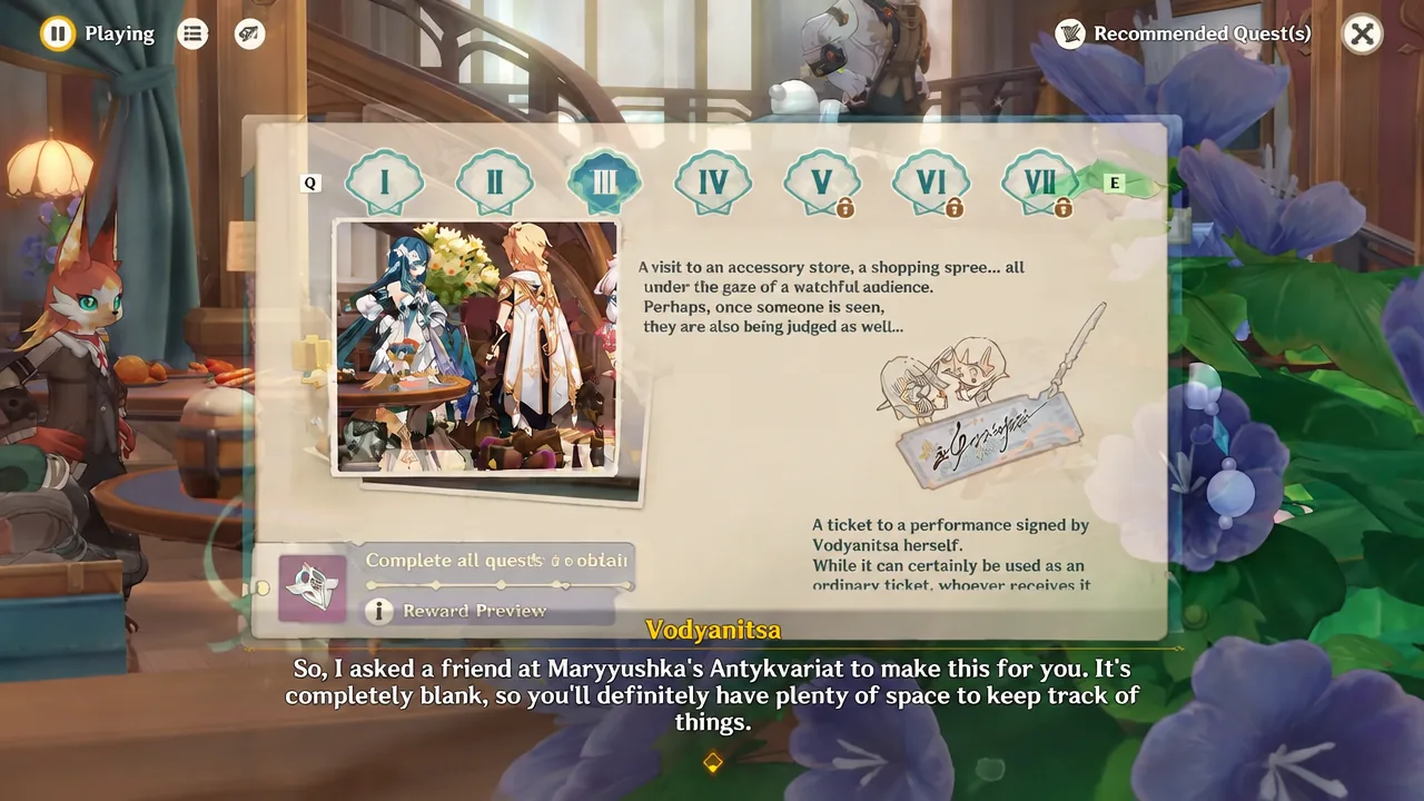 Recommended Quests screen with a chapter selected, showing its description and reward preview