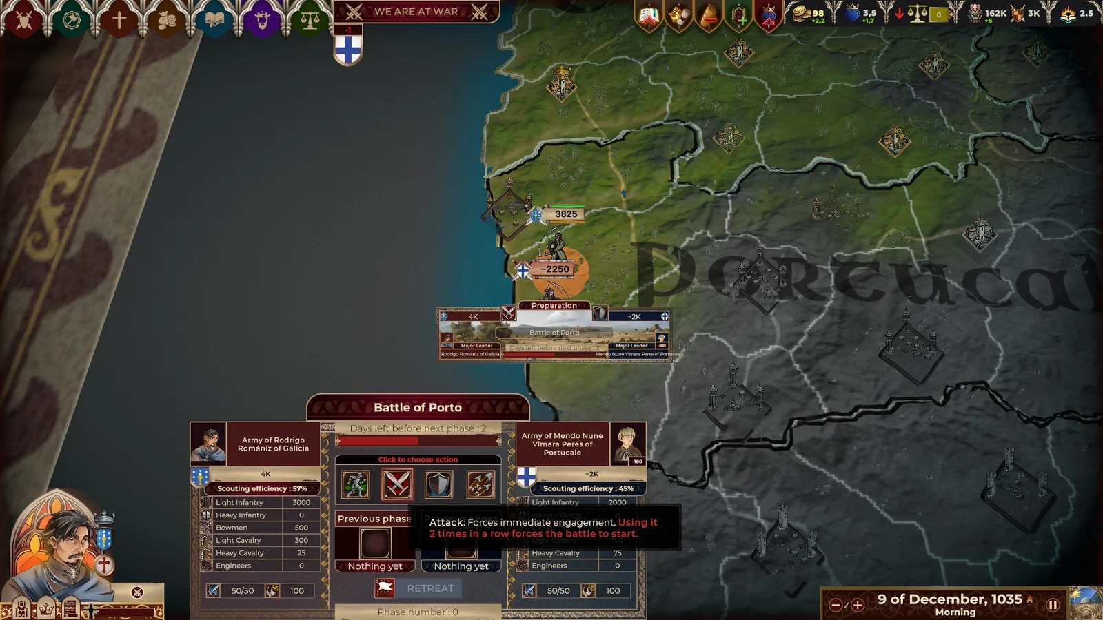 A Battle of Porto combat panel overlays a medieval Iberian campaign map, showing armies, attack forces, and battle statistics.