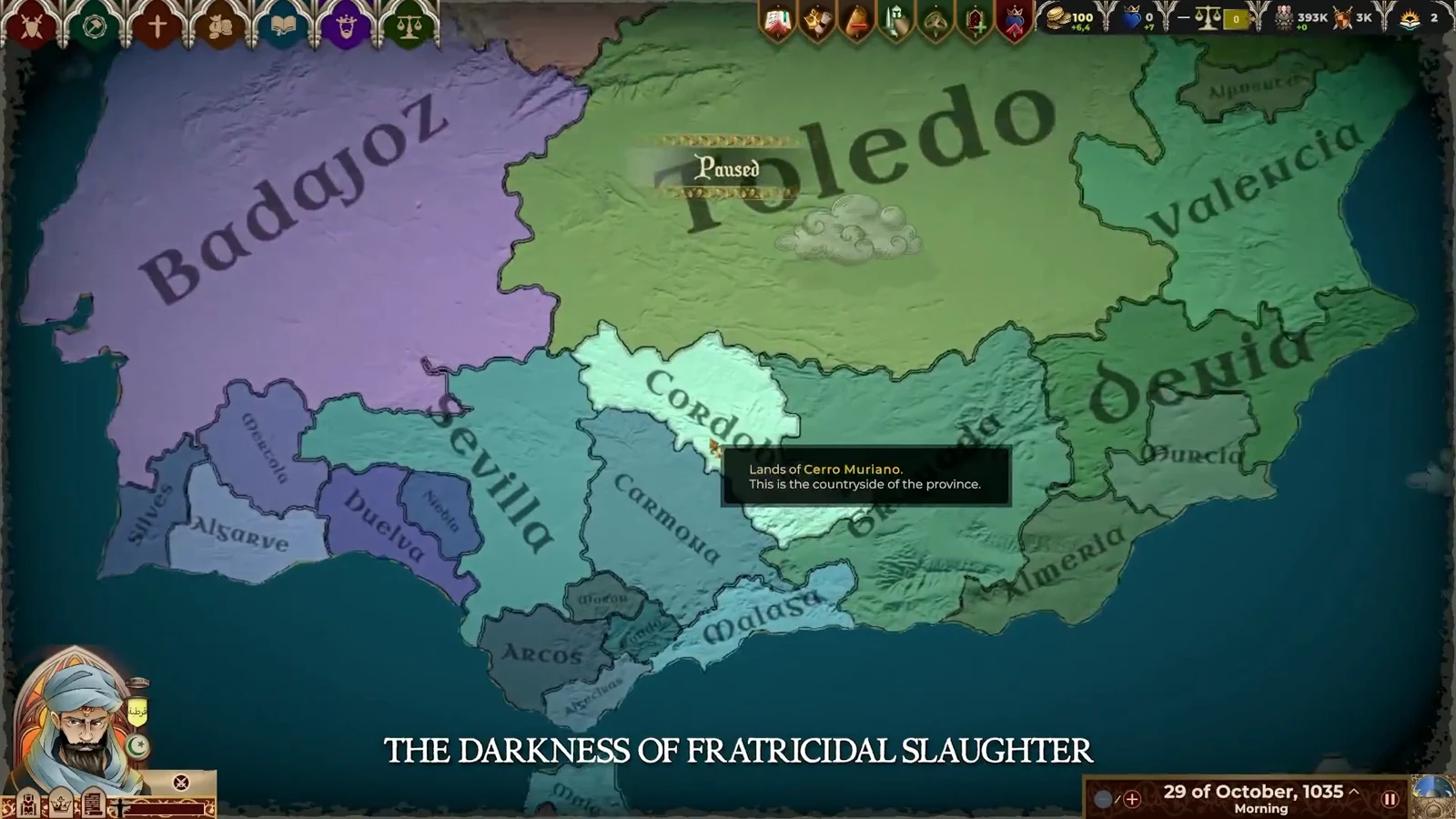 A colorful political campaign map shows Iberian provinces including Badajoz, Toledo, Seville, and Cordoba.