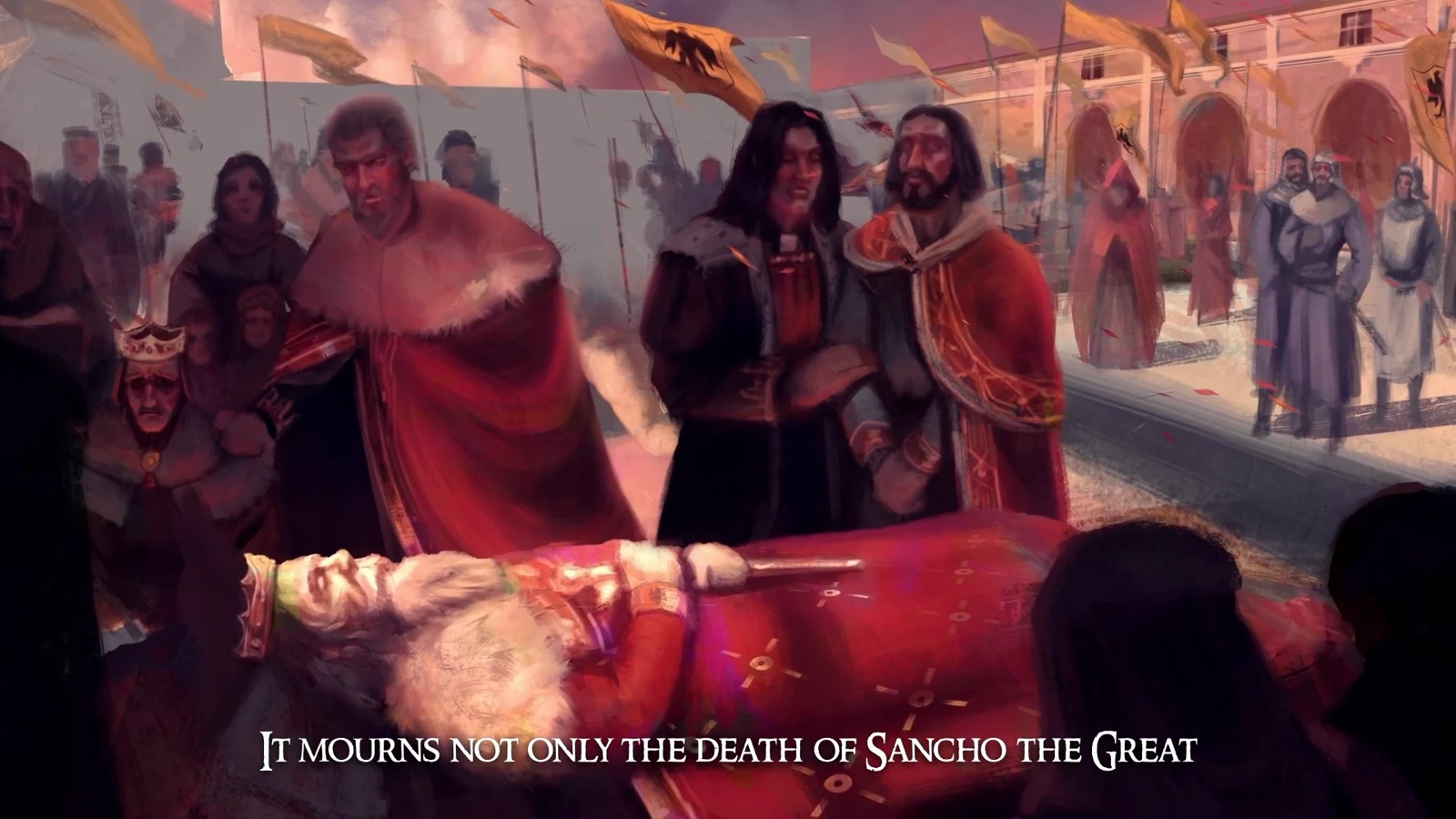 Mourners escort Sancho the Great’s red-draped coffin through a bright medieval city square.