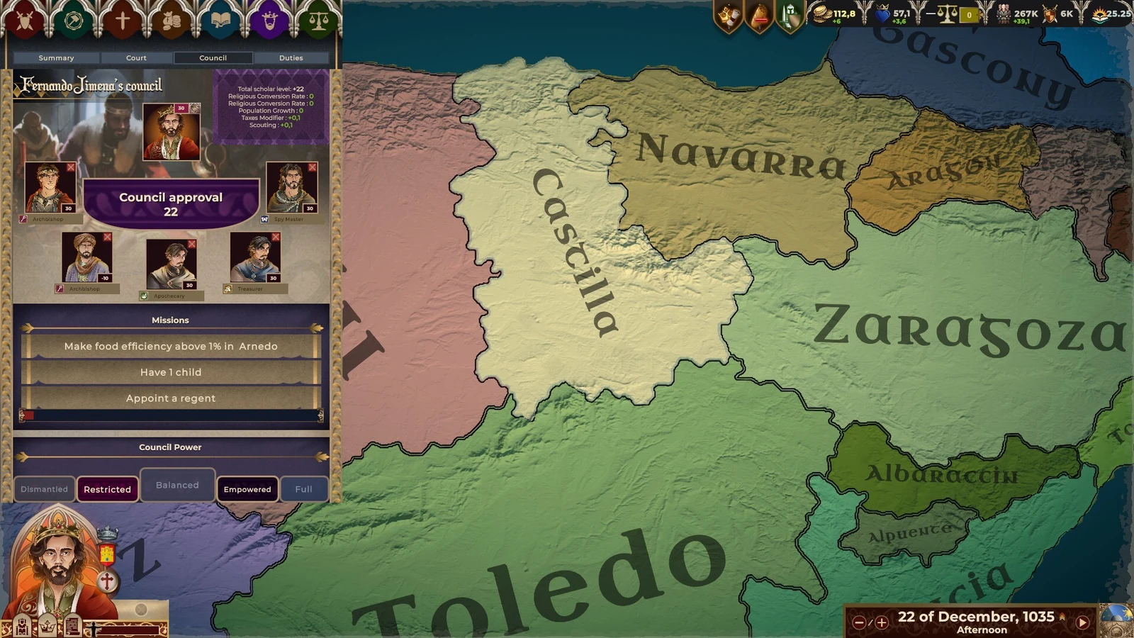 The council approval menu displays medieval court characters and decisions over a political map of Castilian Iberia.