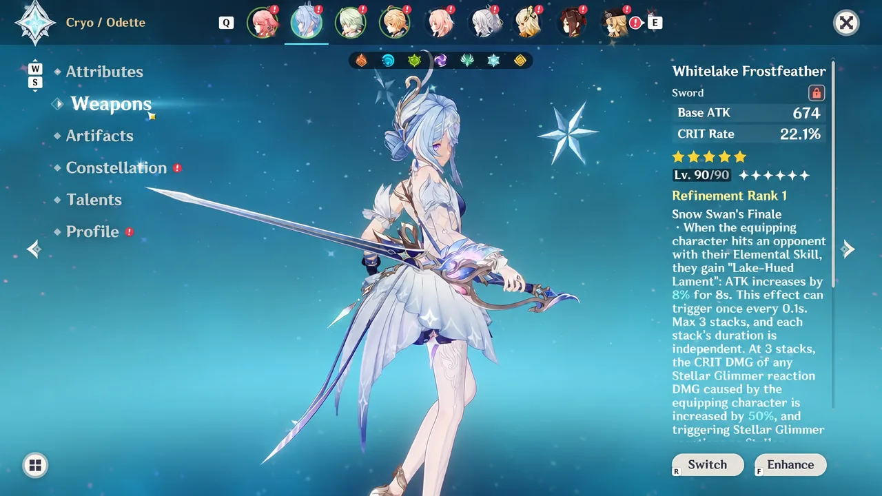 Weapons screen showing Odette's equipped Whitelake Frostfeather sword stats