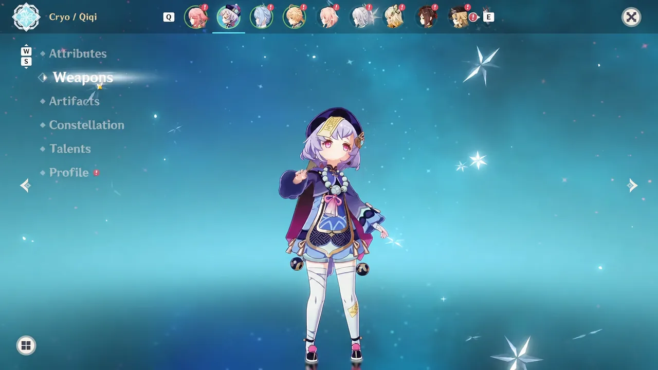 Weapons tab open on Qiqi's character screen showing equipped weapon