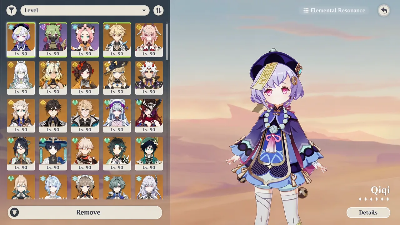 Character selection screen highlighting Qiqi in the roster